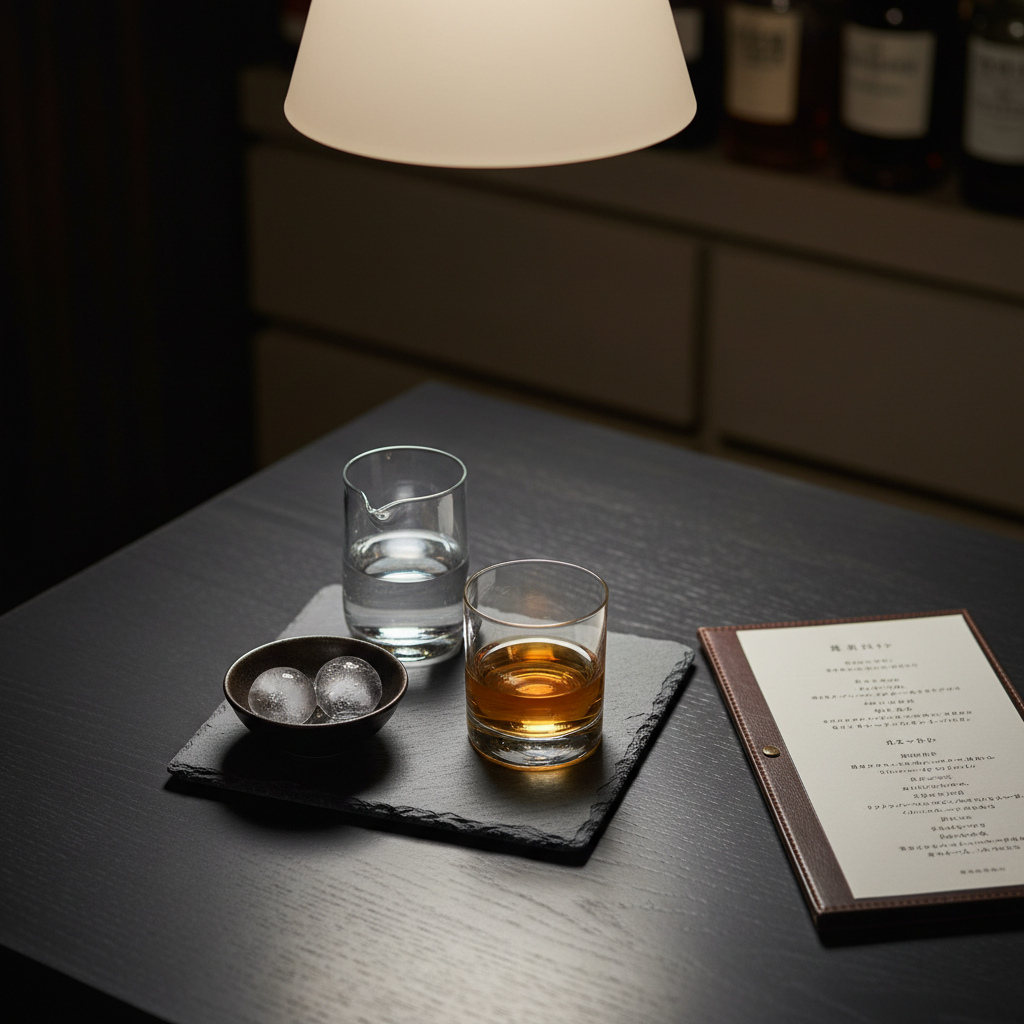 A refined, overhead shot of a neatly arranged whisky set on a dark, matte wooden table in a quiet corner of a Nishi-Funabashi bar. At the center lies a square, slate-grey serving tray holding a classic tumbler of neat whisky, a short glass water carafe, and a small ceramic dish with two clear ice spheres. The whisky glows warmly against the subdued background, illuminated by gentle, diffused pendant lighting from above. Nearby, a slim leather-bound menu rests partially open, its Japanese text just out of readable focus. The mood is intimate, calm, and inviting, emphasizing an affordable yet grown-up experience. The composition uses clean lines and negative space for a modern, sophisticated, photographic look.
