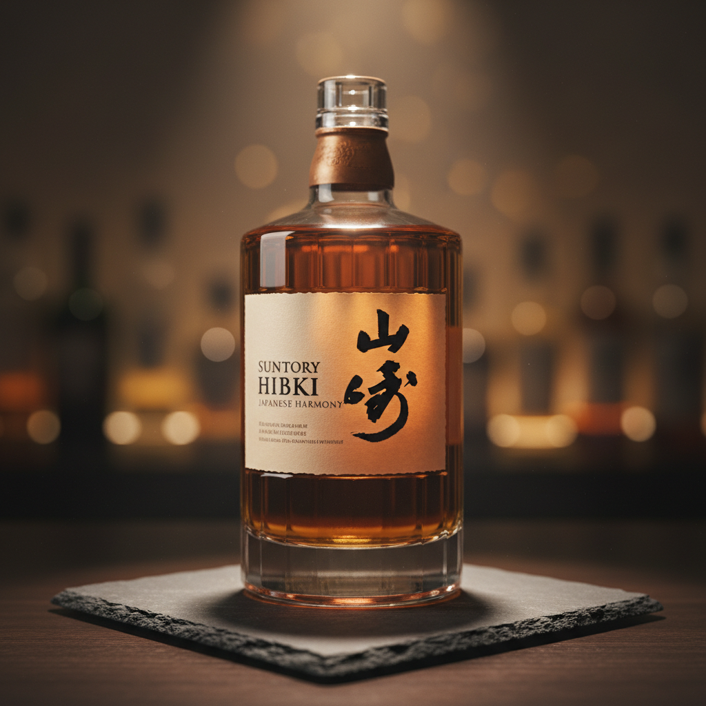 A single, beautifully detailed bottle of Japanese whisky standing on a small square of slate atop a bar counter, captured in photographic realism. The bottle’s label features minimalist typography and subtle cream and black tones, while the liquid inside glows a deep amber under the bar’s warm spotlight. Behind it, the background falls into a tasteful bokeh of muted browns and soft golds, hinting at additional bottles without drawing focus. The lighting is dramatic yet gentle, with a focused beam from above creating a halo effect on the bottle’s shoulders and a soft reflection in the slate. Shot from a low, slightly angled perspective to give the bottle a dignified, sophisticated presence, matching the refined personality of the bar.