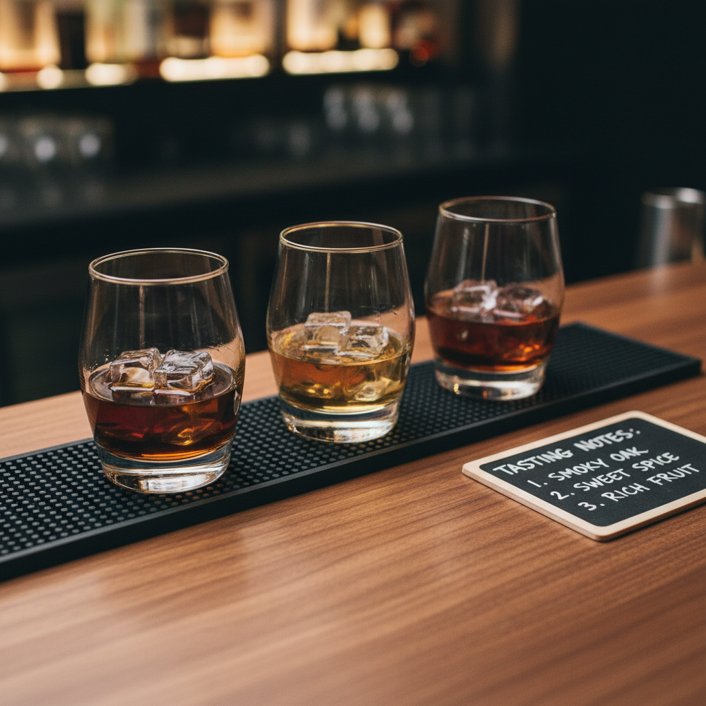 An elegant close-up of three distinct whisky glasses aligned on a narrow, charcoal-grey bar mat atop a smooth walnut counter. One contains a deep amber single malt, another a lighter honey-colored blend, and the third holds a rich, reddish whisky, each with crystal-clear ice cubes. A small chalkboard-style tasting card lies nearby, handwritten notes slightly out of focus. Warm, indirect bar lighting from above creates soft highlights on the liquid surfaces and gentle shadows on the wood. The mood is calm, contemplative, and slightly luxurious. Shot from a slightly elevated angle in photographic realism, with a minimalist, uncluttered background of defocused bar shelves to suggest an intimate, approachable whisky bar.